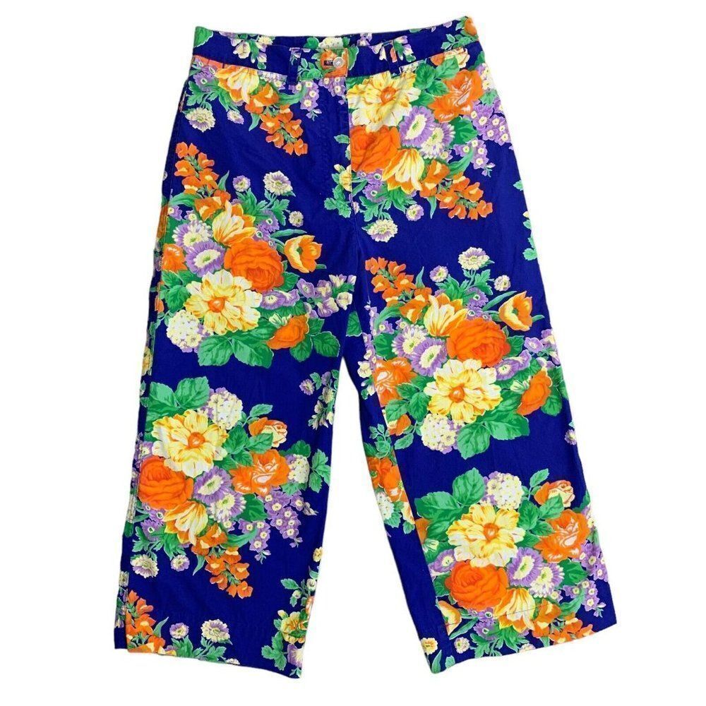 Vintage Lauren Ralph Lauren Capri Pants 8 Blue Floral Wide Leg Button Zip Pocket